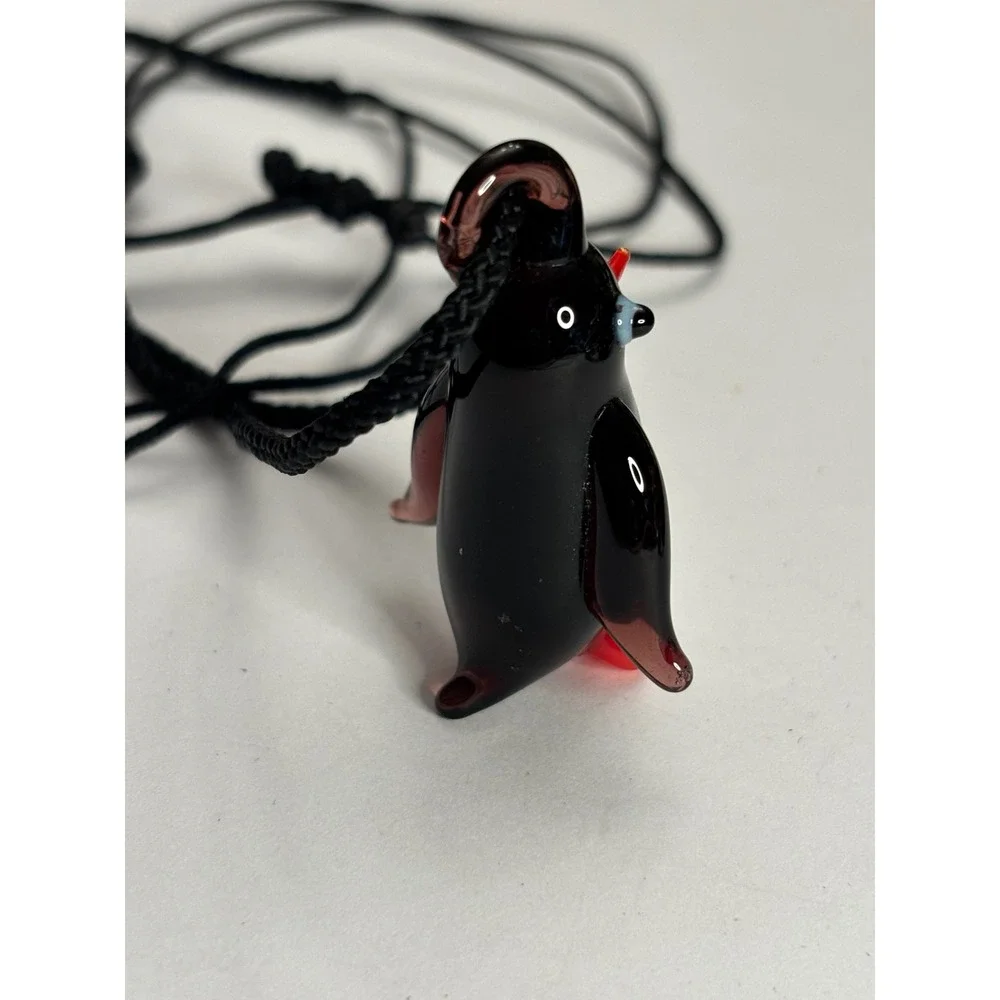 Handmade Lampwork Glass Penguin Pendant Necklace Black Cord Whimsical Jewelry
